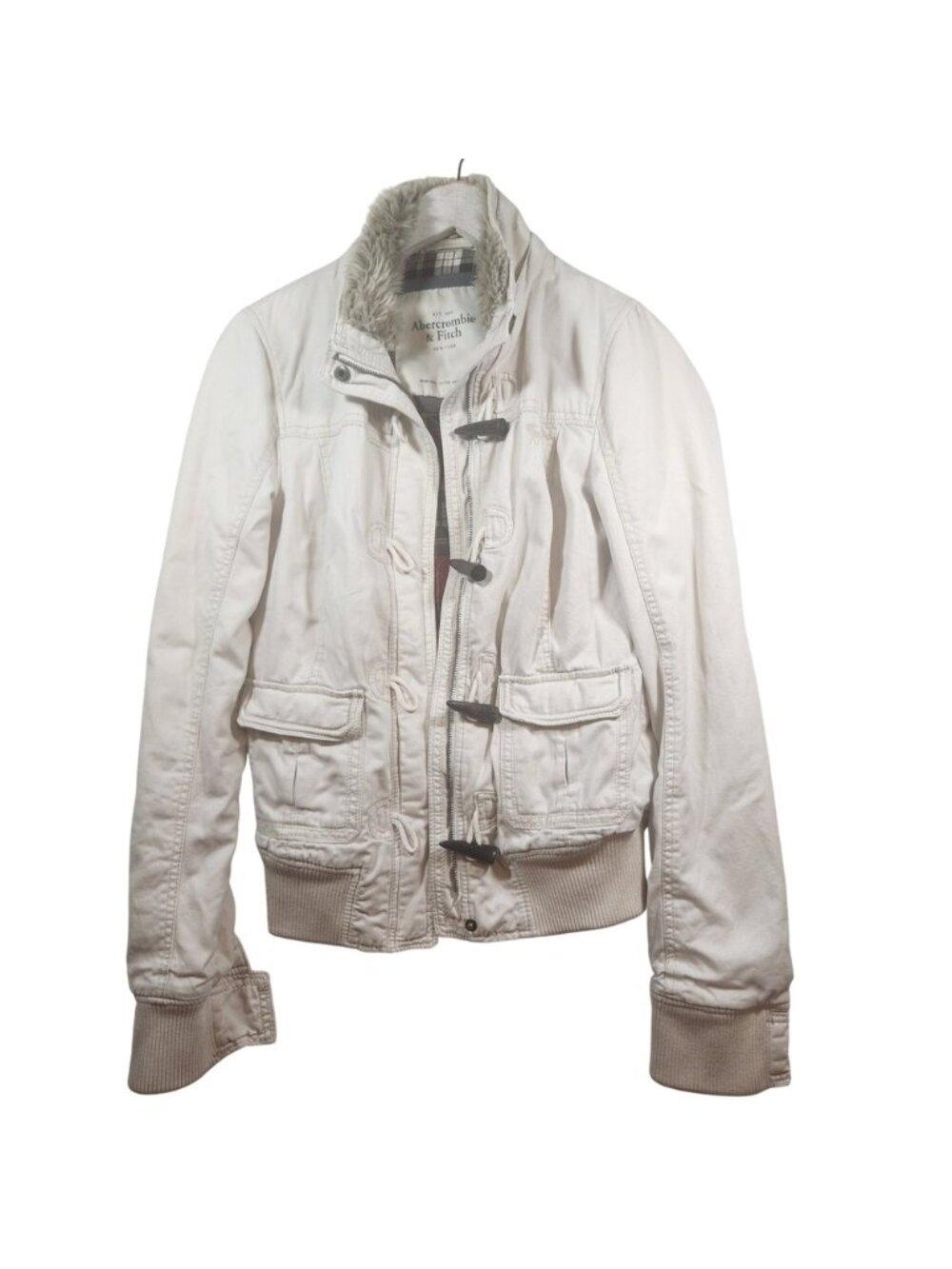 2000s Abercrombie & Fitch Off White Utility Bomber Jacket Plaid Lined Faux Fur M